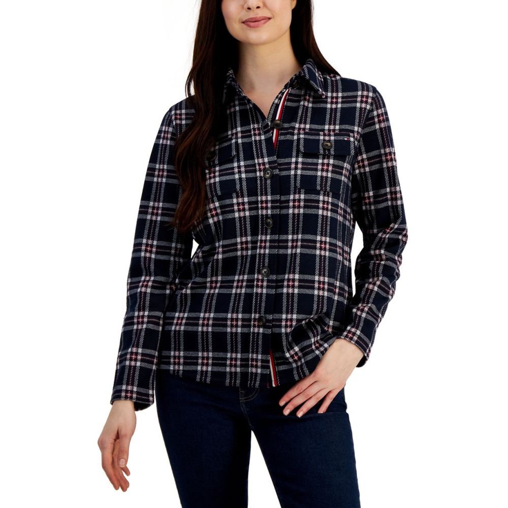 Tommy Hilfiger Size XL Navy & White Plaid Button-Up Shacket (Sweater Jacket) NWT